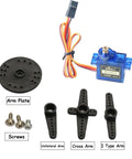 9g Micro Digital Servo With Full Metal Gears, 360 Degree Continuous Rotation, PWM 500 to 2500 Microseconds, Great for RC Drones, Robotic Arms, and Smart Cars, Pack of 4; includes blue digital servo, arm plates, screws, wires.