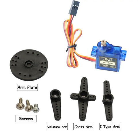 9g Micro Digital Servo With Full Metal Gears, 360 Degree Continuous Rotation, PWM 500 to 2500 Microseconds, Great for RC Drones, Robotic Arms, and Smart Cars, Pack of 4; includes blue digital servo, arm plates, screws, wires.