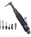 Compact Pneumatic Right Angle Drill Kit With 1/4-28 Chuck 3200 RPM Includes 5 Piece Threaded Drill Bit Set displayed.