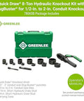8 Ton Hydraulic Knockout Punch Kit With Quick Draw Driver for Half Inch to Two Inch Holes, punches, dies, studs, green case displayed