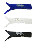Three Slick Sliding Radius Gauges with solid ergonomic grips in blue, white, and black for accurate drafting and joinery.