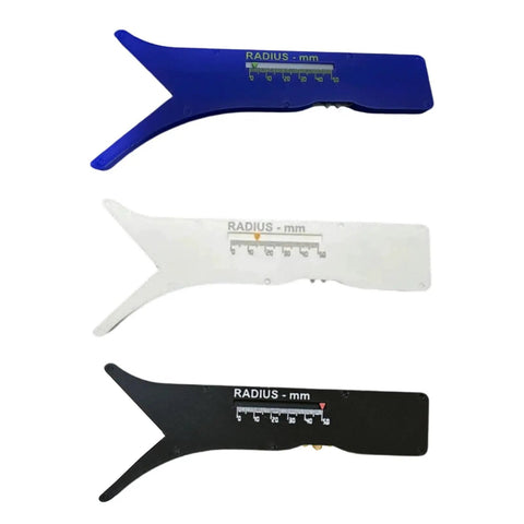 Three Slick Sliding Radius Gauges with solid ergonomic grips in blue, white, and black for accurate drafting and joinery.