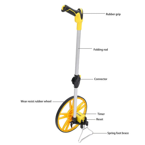 Lightweight Aluminum Measurement Wheel With Sealed Gear Drive For Spot On Distance Tracking On Any Job Site A Rock Solid Workhorse For Contractors Landscapers And Homeowners Crushing It Daily, showcasing rubber grip and folding rod.