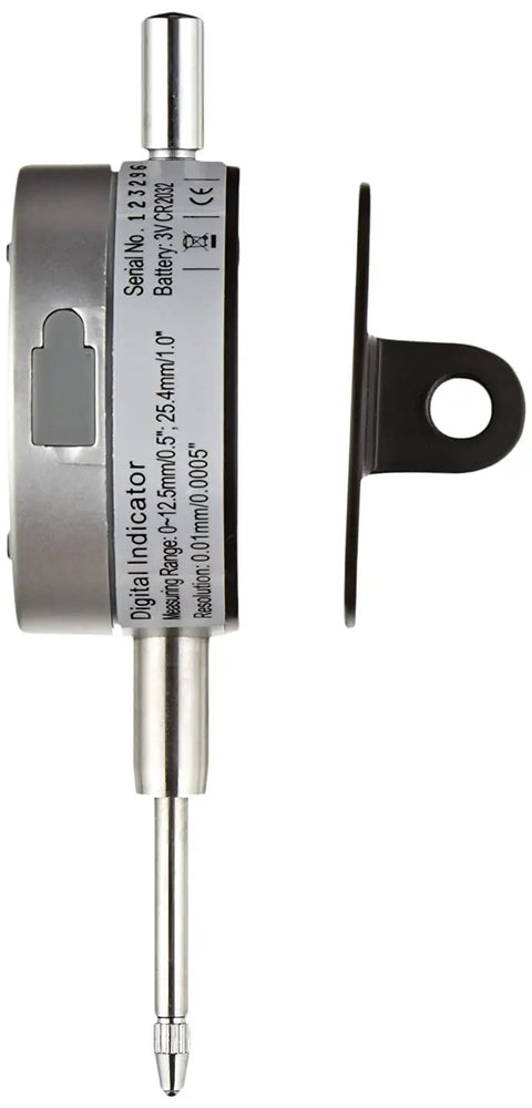 Ind-X Blue Digital Indicator With 1.0 Inch 25mm Measuring Range And 0.0005 Inch Resolution side view with stem mount and carbide ball tip