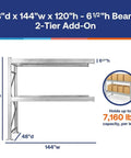 Built Tough 48X144X120 Inch Two Tier Galvanized Teardrop Pallet Rack Add On with 6 5 Inch Beams, grey metal structure with shelves