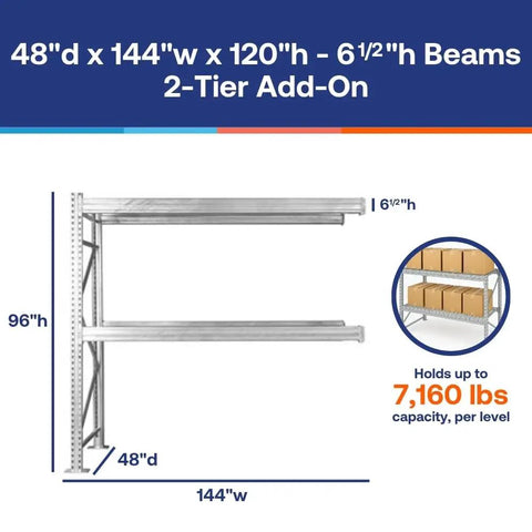 Built Tough 48X144X120 Inch Two Tier Galvanized Teardrop Pallet Rack Add On with 6 5 Inch Beams, grey metal structure with shelves