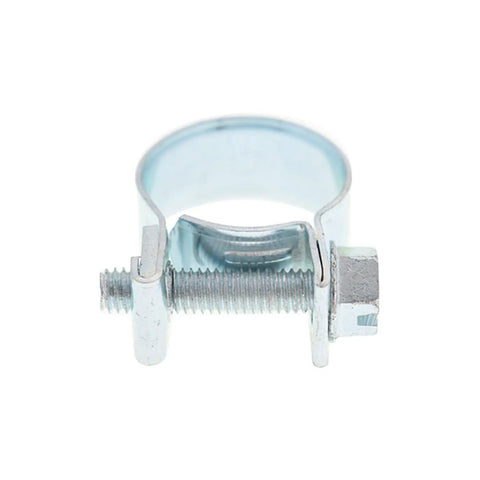 Close-up of a metal clamp from 30 Pack 3/8 Inch Fuel Injection Hose Clamps Kit For Plumbing Automotive And Mechanical Projects Fits 14 To 16mm Tubing