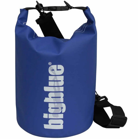 Blue waterproof dry bag with 'bigblue' logo and adjustable strap shown upright.