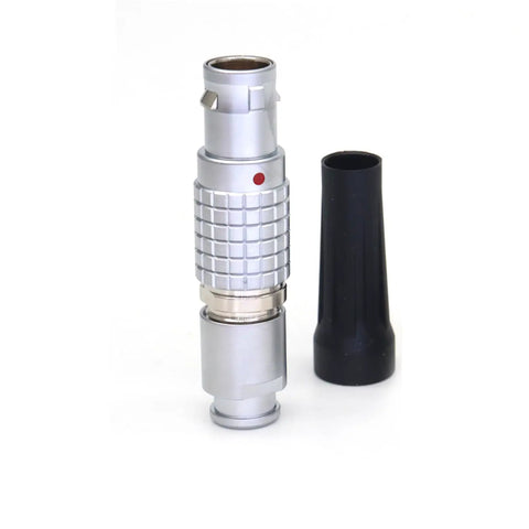Push Pull Self Lock Circular Connector 0B 7 Pin Plug For Aviation And Industrial Electronics Cameras And Test Gear High Density Mounting Saves Space And Supports 2 3 4 5 6 7 And 9 Pin Options With 180 Combinations. silver metal 0B connector with black cover