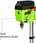 Close-up of Piefeak Electric Bench Drill Press Stand With 480W Motor for precise drilling with travel reference scale.