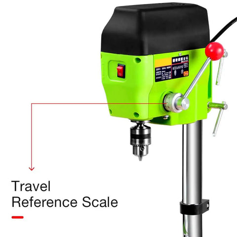 Close-up of Piefeak Electric Bench Drill Press Stand With 480W Motor for precise drilling with travel reference scale.
