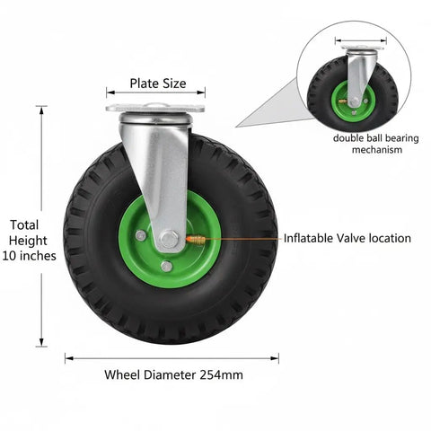 Heavy Duty 10 Inch Inflatable Rubber Caster Wheels Featuring Two Swivel And Two Rigid Units For Smooth Cart Haulin And Hella Durable Shock Absorption Across Gravel Concrete Surfaces with galvanized steel plate.