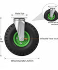 Heavy Duty Ten Inch Pneumatic Caster Wheels Four Pack With Soft Rubber Tires showing inflatable valve and swivel hub features.