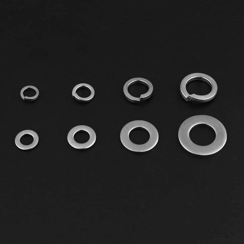 200 Piece Stainless Steel Flat And Spring Washer Set With Box For M5 M6 M8 M10 arranged on a black surface