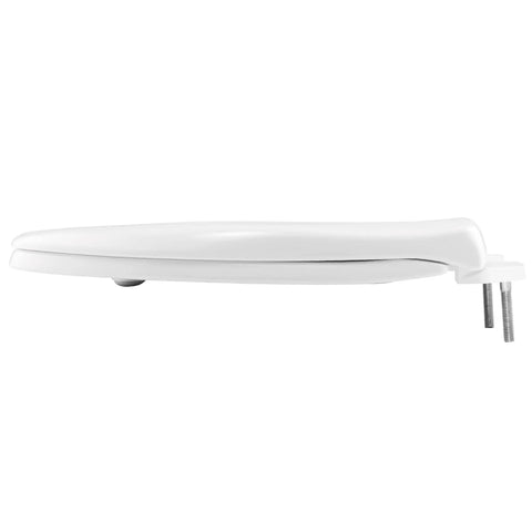 Side view of Commercial Heavy Duty Closed Front Toilet Seat With Cover No Slam Secure Stay-Tite Installation Industrial Grade White Round Seat