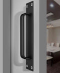 Sliding Barn Door Handle Set Black 2 Pack Aluminum Alloy 7.9 Inch Long Door Pulls With Plate 7.1 Inch Center To Center Mount in use