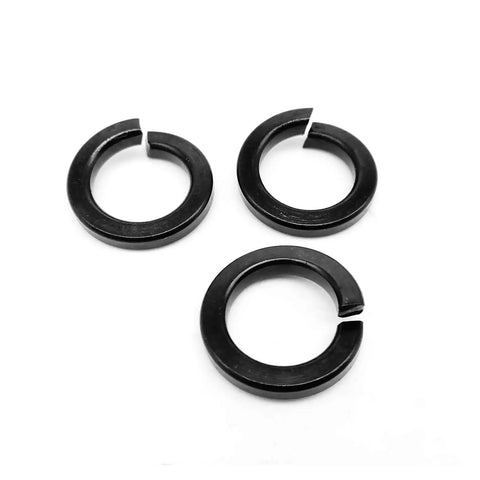 Stainless Steel Spring Split Lock Washer Kit Set With 1000 Pieces Mixed Sizes M1.6 M2 M0.5 M3 M4 M5 M6 M8 Black Finish And Elastic Gasket For Nuts Bolts And Screws To Prevent Loosening From Vibration. Black split lock washers shown on white background.