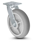 Heavy Duty 8 Inch Swivel Caster Set Featuring Durable TPR Wheels For Drywall And Sheetrock Dollies Handling Hefty Loads Up To 2800 Pounds with gray wheel and metal bracket.