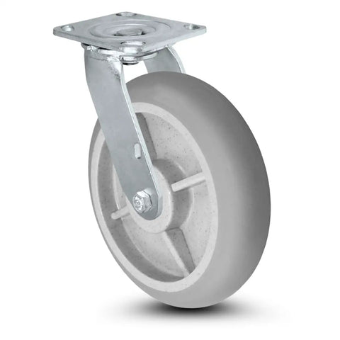 Heavy Duty 8 Inch Swivel Caster Set Featuring Durable TPR Wheels For Drywall And Sheetrock Dollies Handling Hefty Loads Up To 2800 Pounds with gray wheel and metal bracket.