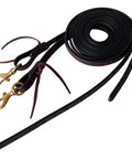 Coiled Five Eighth Inch Split Reins With Brass Hardware Oiled Hand Finished Edges for Comfort in Brown Leather Trail Riding Gear