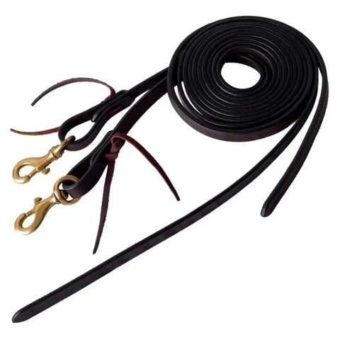 Coiled Five Eighth Inch Split Reins With Brass Hardware Oiled Hand Finished Edges for Comfort in Brown Leather Trail Riding Gear