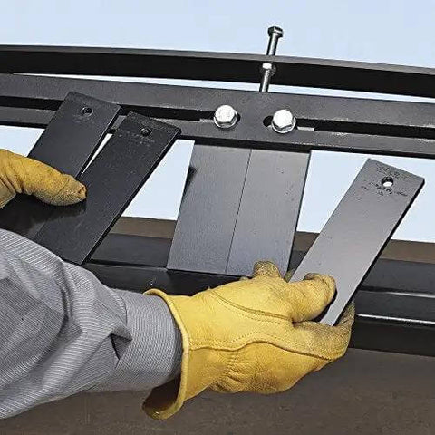 Hands adjusting clamps on MB48B 48 Inch Pan Style Mini Brake For Portable On The Job Pans And Large Components 135 Degree Bends