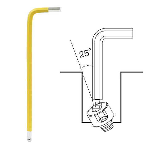 4mm Yellow Ball End Allen Wrench Set, 25 Degree Angled Metric Hex Keys illustration with yellow handle and angle demonstration