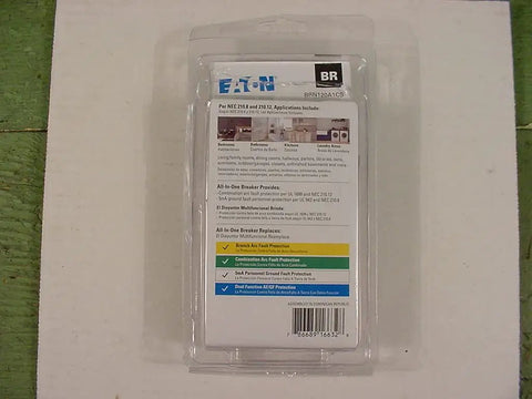 Back view of 20 Amp 120 Volt Single Pole Arc Fault And Ground Fault Circuit Breaker Black BRN120A1CS in packaging, showing details.
