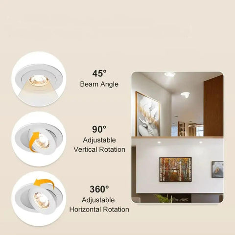 Image showing 4 Inch LED Recessed Gimbal Light with Junction Box 9W 650LM CRI90 Plus ETL Listed in ceiling, detailing beam and rotation angles.