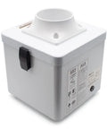Compact Desktop Solder Fume Extractor With Dual Stage Air Purifier features a white plastic base and exhaust port for smoke control.