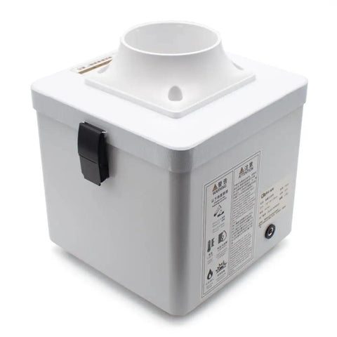 Compact Desktop Solder Fume Extractor With Dual Stage Air Purifier features a white plastic base and exhaust port for smoke control.