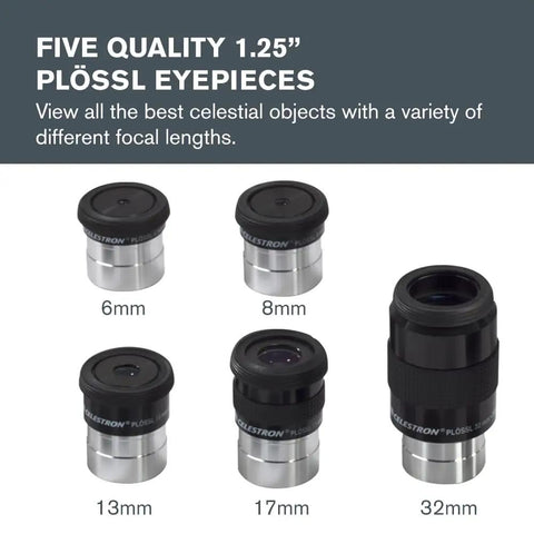 Five 1.25-inch Plossl eyepieces, 6mm to 32mm focal lengths, part of the All-In-One Telescope Accessory Kit for star gazing.