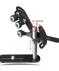 Wood Lathe Steady Rest With Neoprene Ball Bearing Wheels For Vibration Reduction, showing rotation feature and base clamp.