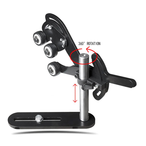 Wood Lathe Steady Rest With Neoprene Ball Bearing Wheels For Vibration Reduction, showing rotation feature and base clamp.
