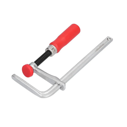 Adjustable Aluminum F Clamp For Woodworking With Poplar Handle, red grip, showcasing non-slip and heavy-duty design for projects