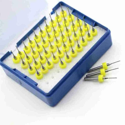 Carbide PCB Engraving Drill Bits Set for CNC Router Wood and Metal Cutting, 0.5mm to 1.2mm, 50-piece kit in blue container