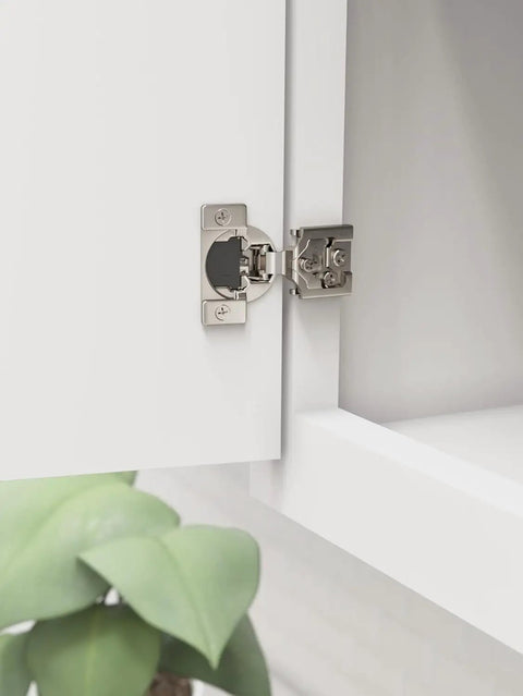 Top Tier Heavy Duty Soft Closing Concealed Cabinet Hinges Three Quarter Inch Overlay Face Frame Mount on a white cabinet door.
