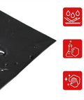 Close-up of waterproof black rubber vinyl apron material with icons highlighting chemical resistance and ease of cleaning, part of 25 Pack Rubber Vinyl Aprons Large 27W X 42L Waterproof Pro-Grade Halter Bib Aprons For Dishwashing Butcher Lab Black Chemical And Oil Resistant Easy To Clean Heavy-Duty Protective Gear For Pro Kitchens And Workshops.