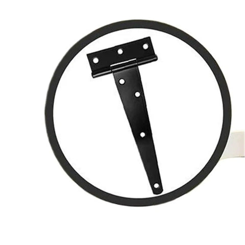 Two Pack Beefy Heavy Duty Black T Shape Iron Hinges With Soft Close Dampening System, galvanized strap hinge in circular view.