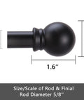 Close-up of Five Eighth Inch Curtain Rod Set For Windows 32 To 48 Inches Matte Black Heavy Duty with finial dimensions.