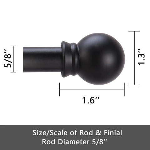 Close-up of Five Eighth Inch Curtain Rod Set For Windows 32 To 48 Inches Matte Black Heavy Duty with finial dimensions.
