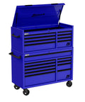 Real Deal 54 X 24 X 72 Inch Steel Rolling Tool Chest Hutch Combo Cabinet for the Daily Grind Heavy Duty Build Smooth Rollers in vibrant blue.