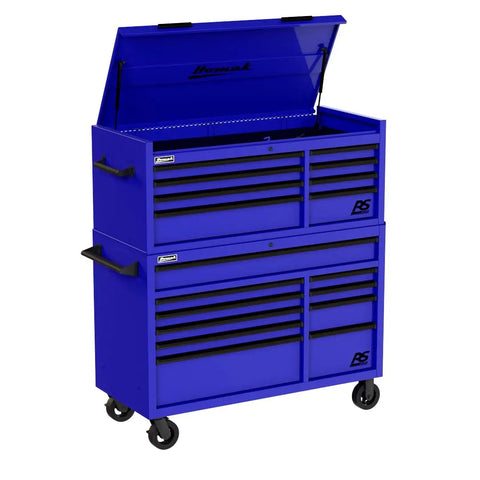 Real Deal 54 X 24 X 72 Inch Steel Rolling Tool Chest Hutch Combo Cabinet for the Daily Grind Heavy Duty Build Smooth Rollers in vibrant blue.