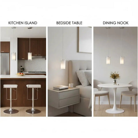 Dual Glass Pendant Lights 2 Pack With Brushed Nickel Finish in kitchen island, beside table, and dining nook settings.