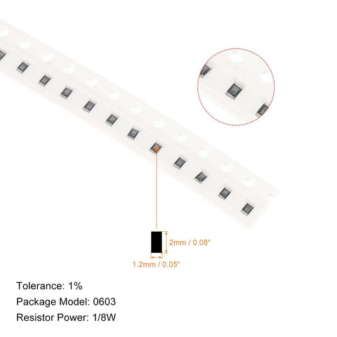 Close-up of 0805 SMD resistors in packaging with dimensions, part of Must Have Ultimate SMD Resistor Kit From Zero Ohm To Ten Meg Ohm.