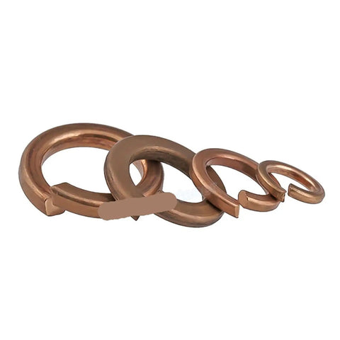 Brass Spring Lock Washers For M3 To M12 Fasteners, Split Lock Gasket in varying sizes on white background
