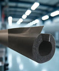 Rock Solid Premium Pipe Insulation Self Sealing Foam Rubber Tube Six Feet Long showing a cross-section of the flexible roll in a workshop.