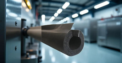 Rock Solid Premium Pipe Insulation Self Sealing Foam Rubber Tube Six Feet Long showing a cross-section of the flexible roll in a workshop.