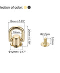 Five Piece D Ring Stud Screw Ball Head Button Rivets Set With Steel Punch Tool And Screwdriver For DIY Leather Craft Purse Hardware Handbag Belt Dog Collar Gold Finish, 16mm