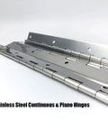 Close-up of four stainless steel 18-inch continuous and piano hinges, polished, heavy-duty